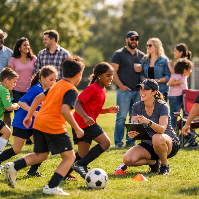A realistic lifestyle photo of a youth soccer practice on a sunny afternoon children ages 812 wearing colorful jerseys running drills on a grass field-3